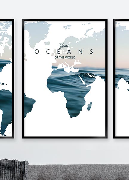 Plakat - Verdenskort oceanblå